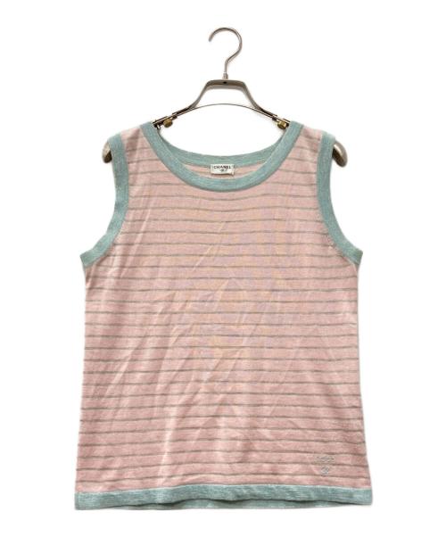 CHANEL（シャネル）CHANEL (シャネル) ボーダーノースリーブシルクニット ピンク サイズ:11Aの古着・服飾アイテム