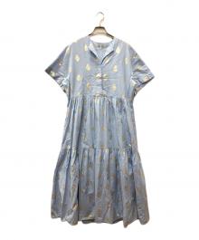 ne quittez pas（ヌキテパ）の古着「Cotton Poplin Stripe Foil Print Half Sleeve Tiered Dress」｜ブルー