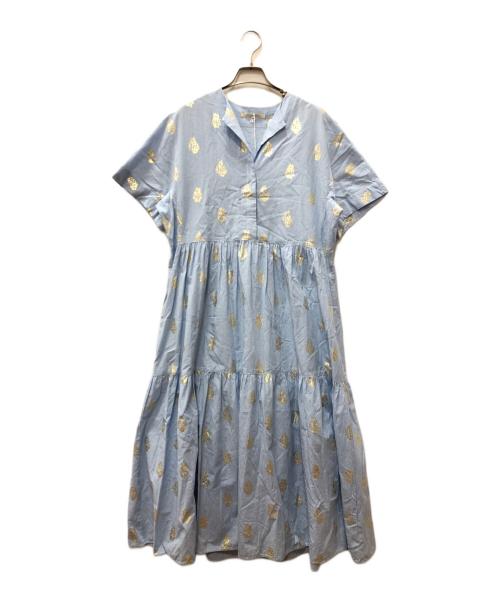 ne quittez pas（ヌキテパ）ne quittez pas (ヌキテパ) Cotton Poplin Stripe Foil Print Half Sleeve Tiered Dress ブルー サイズ:Ｓの古着・服飾アイテム