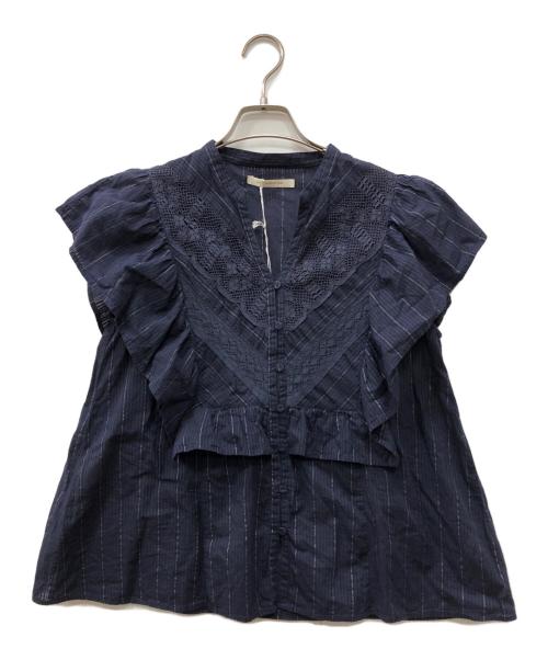 ne quittez pas（ヌキテパ）ne quittez pas (ヌキテパ) Cotton Lurex Stripe Lace Mix Blouse ネイビー サイズ:FREEの古着・服飾アイテム