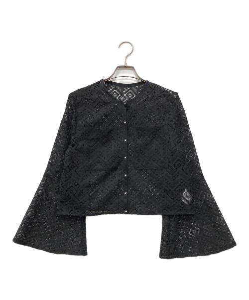 BALLSEY（ボールジィ）BALLSEY (ボールジィ) ジオメトリックボーダーレース フレアスリーブカーディガン ブラック サイズ:36の古着・服飾アイテム