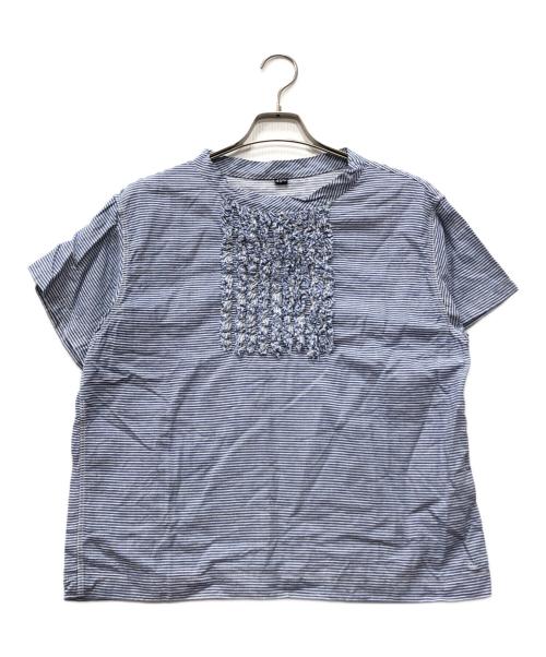 45R（フォーティファイブ・アール）45R (フォーティファイブ・アール) ヒッコリーフリルTシャツ ブルーの古着・服飾アイテム