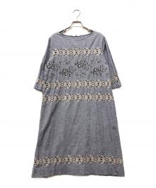 45R（フォーティファイブ・アール）の古着「ハケ目ガーゼツイード刺繍ワンピース」｜ブルー