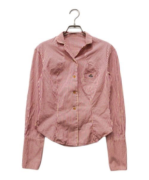 Vivienne Westwood RED LABEL（ヴィヴィアンウエストウッドレッドレーベル）Vivienne Westwood RED LABEL (ヴィヴィアンウエストウッドレッドレーベル) オーブ刺繍ストライプシャツ パープル×ベージュ サイズ:1の古着・服飾アイテム