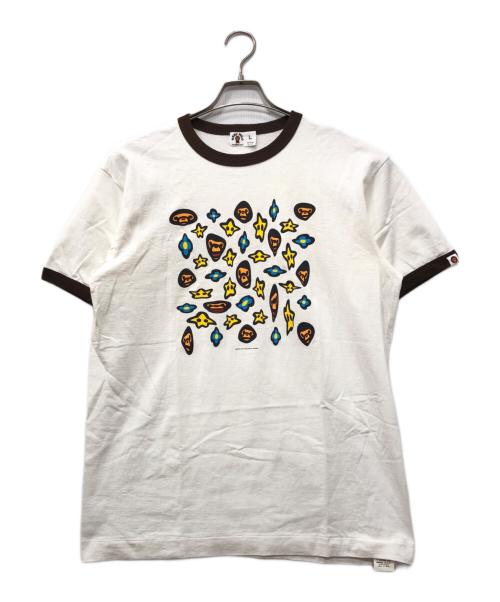 A BATHING APE（アベイシングエイプ）A BATHING APE (アベイシングエイプ) BABY MILO リンガーTシャツ ホワイト×ブラウン サイズ:Lの古着・服飾アイテム