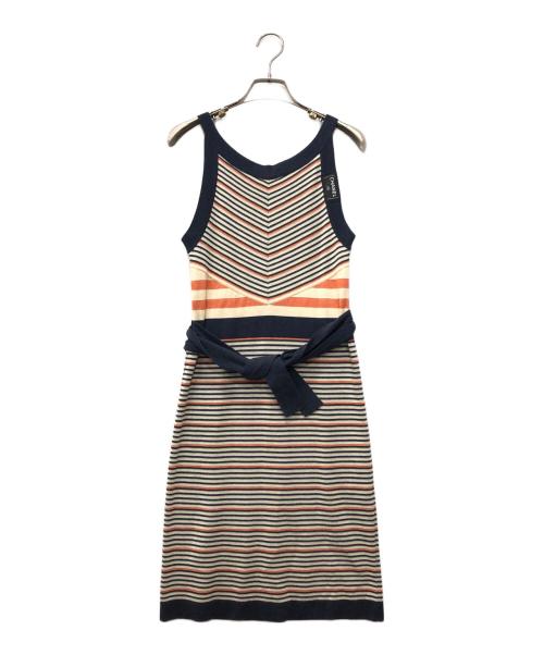 CHANEL（シャネル）CHANEL (シャネル) コットンカシミヤボーダーノースリーブワンピース ベージュ×ネイビー サイズ:34の古着・服飾アイテム