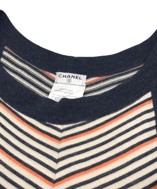 CHANEL（シャネル）CHANEL (シャネル) コットンカシミヤボーダーノースリーブワンピース ベージュ×ネイビー サイズ:34の古着・服飾アイテム