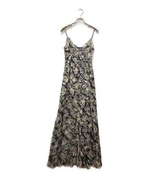 CHANEL（シャネル）CHANEL (シャネル) カメリアシャネルロゴプリントシルクワンピース グレー×ブラック サイズ:36の古着・服飾アイテム