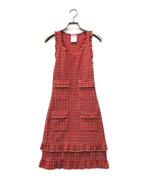 CHANEL（シャネル）CHANEL (シャネル) シアサッカーノースリーブワンピース レッド サイズ:34の古着・服飾アイテム