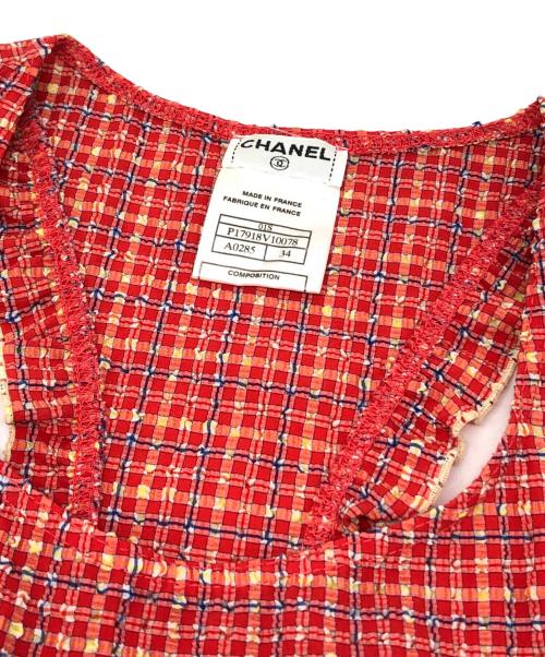 CHANEL（シャネル）CHANEL (シャネル) シアサッカーノースリーブワンピース レッド サイズ:34の古着・服飾アイテム