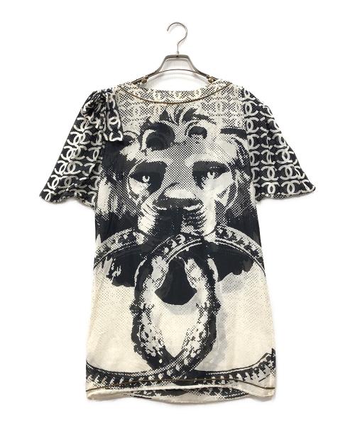 CHANEL（シャネル）CHANEL (シャネル) ライオンプリントシルクブレンドチュニック ホワイト×ブラック サイズ:36の古着・服飾アイテム
