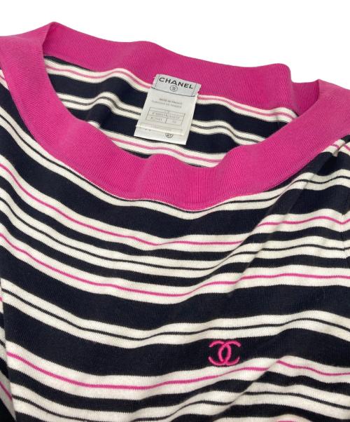 CHANEL（シャネル）CHANEL (シャネル) ココマークボーダーニットワンピース ホワイト×ブラック×ピンク サイズ:38の古着・服飾アイテム
