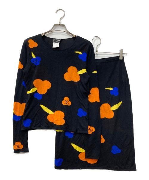 CHANEL（シャネル）CHANEL (シャネル) シルク混クローバー柄ニットセットアップ ブラック サイズ:38の古着・服飾アイテム