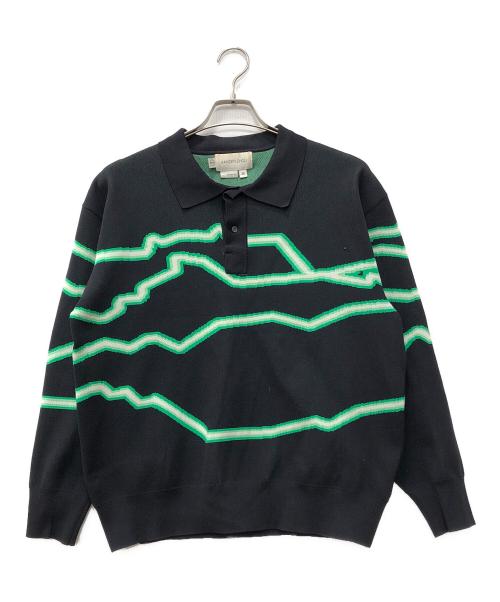 XANDER ZHOU（ザンダーゾウ）XANDER ZHOU (ザンダーゾウ) ポロカラーニット ブラック×グリーン サイズ:46の古着・服飾アイテム