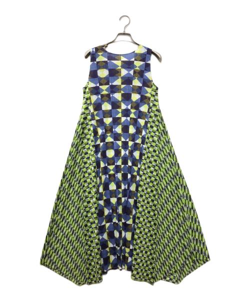 PLEATS PLEASE（プリーツプリーズ）PLEATS PLEASE (プリーツプリーズ) ジオメトリックプリント プリーツノースリーブワンピース グリーン×ブルー サイズ:3の古着・服飾アイテム