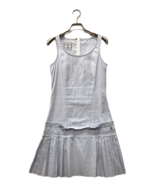 CHANEL（シャネル）CHANEL (シャネル) ノースリーブフリルストライプワンピース ブルー サイズ:36の古着・服飾アイテム