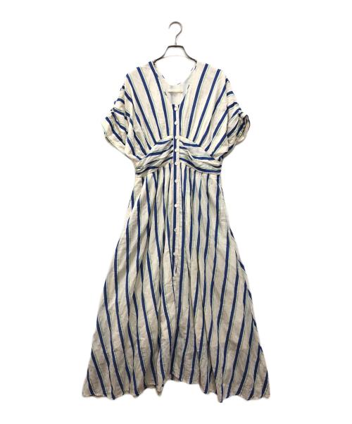 ne quittez pas（ヌキテパ）ne quittez pas (ヌキテパ) Cotton Voile Stripe Waist Gather Dress ベージュ×ブルー サイズ:Mの古着・服飾アイテム