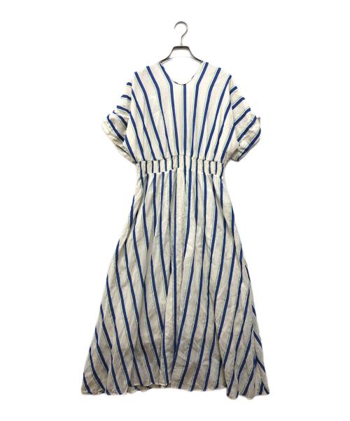 ne quittez pas（ヌキテパ）ne quittez pas (ヌキテパ) Cotton Voile Stripe Waist Gather Dress ベージュ×ブルー サイズ:Mの古着・服飾アイテム