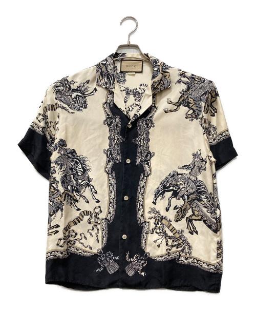 GUCCI（グッチ）GUCCI (グッチ) シルクツイルボーリングシャツ ベージュ×ブラック サイズ:48の古着・服飾アイテム