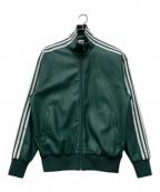 adidasアディダス）の古着「フェイクレザー アディカラー スリーストライプス ルーズ ファイヤーバード トラックスーツジャケット」｜グリーン