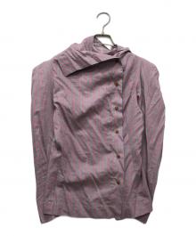 Vivienne Westwood RED LABEL（ヴィヴィアンウエストウッドレッドレーベル）の古着「アシンメトリーストライプリボンシャツ」｜グレー×ピンク