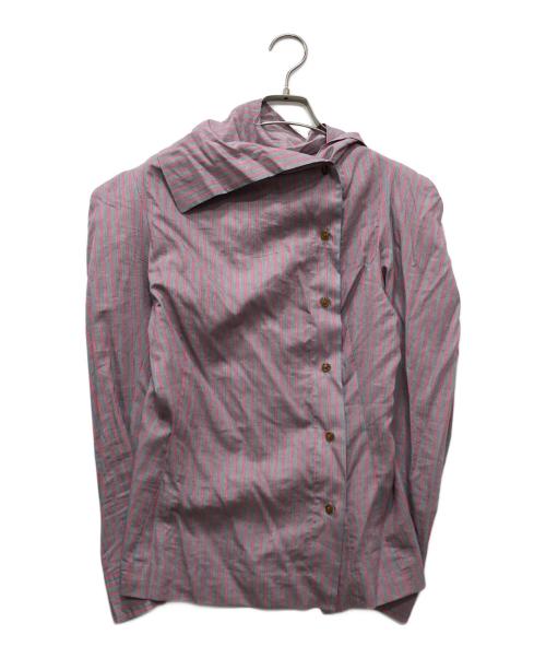 Vivienne Westwood RED LABEL（ヴィヴィアンウエストウッドレッドレーベル）Vivienne Westwood RED LABEL (ヴィヴィアンウエストウッドレッドレーベル) アシンメトリーストライプリボンシャツ グレー×ピンク サイズ:1の古着・服飾アイテム