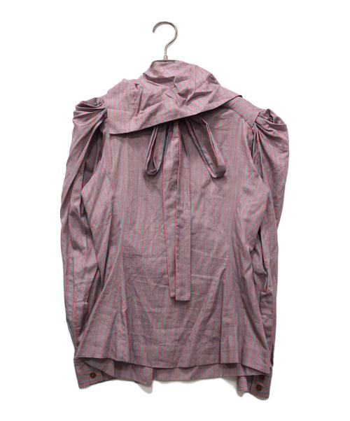 Vivienne Westwood RED LABEL（ヴィヴィアンウエストウッドレッドレーベル）Vivienne Westwood RED LABEL (ヴィヴィアンウエストウッドレッドレーベル) アシンメトリーストライプリボンシャツ グレー×ピンク サイズ:1の古着・服飾アイテム