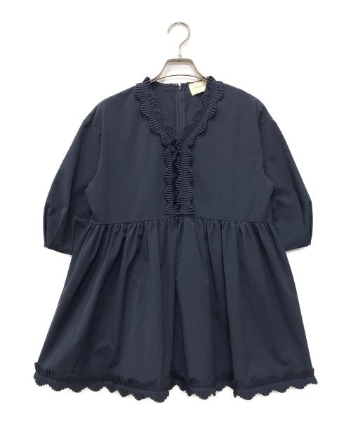 UNITED ARROWS（ユナイテッドアローズ）UNITED ARROWS (ユナイテッドアローズ) タック フリルVネック ハーフスリーブ ブラウス ネイビー サイズ:FREEの古着・服飾アイテム