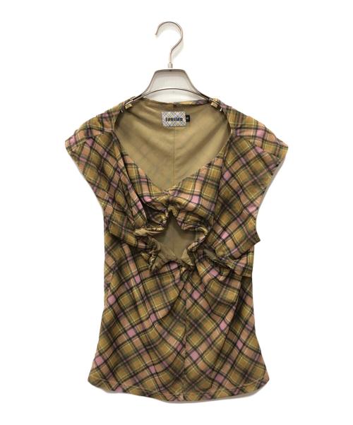 taottao（タオタオ）taottao (タオタオ) Plaid Mesh Star Cutout Tshirt ブラウン サイズ:SIZE Sの古着・服飾アイテム