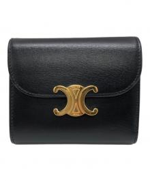 CELINE（セリーヌ）の古着「スモール フラップウォレット トリオンフ / シャイニーカーフスキン」｜ブラック