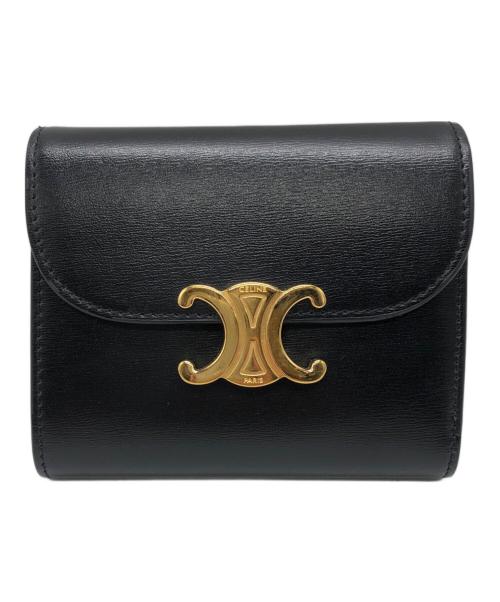 CELINE（セリーヌ）CELINE (セリーヌ) スモール フラップウォレット トリオンフ / シャイニーカーフスキン ブラックの古着・服飾アイテム
