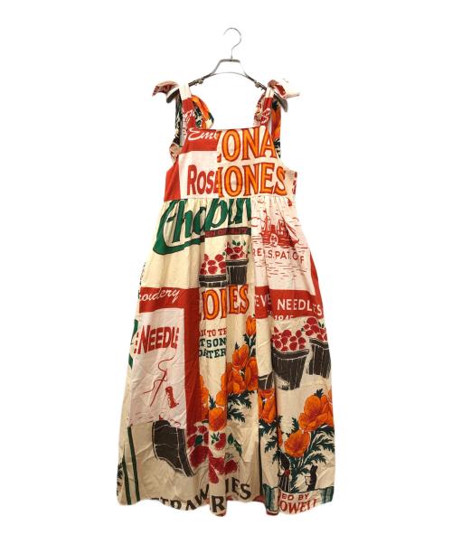 freada（フリーダ）freada (フリーダ) インドFEEDBAGプリント肩リボンキャミドレス ベージュ×レッド サイズ:FREEの古着・服飾アイテム