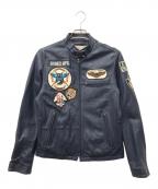 AVIREXアヴィレックス）の古着「ラムスキンパッチドシングルライダースジャケット」｜ネイビー