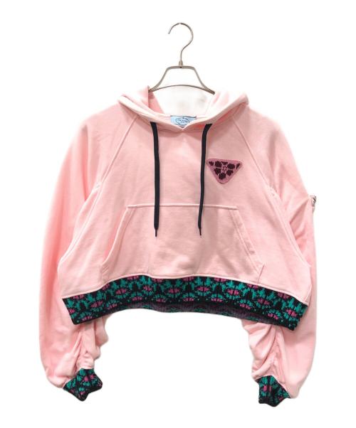 PRADA（プラダ）PRADA (プラダ) トライアングルロゴ クロップド フーディ プルオーバーパーカー ピンク サイズ:SIZE XSの古着・服飾アイテム