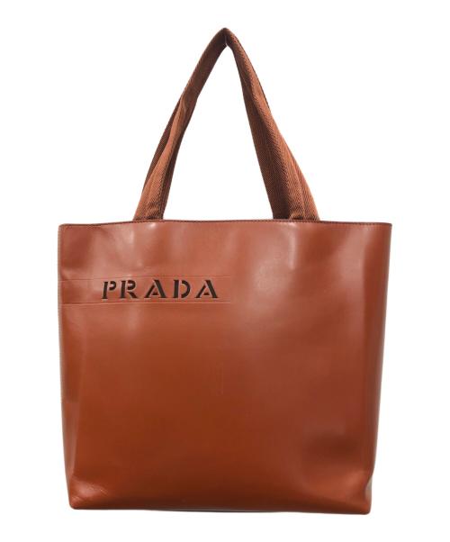 PRADA（プラダ）PRADA (プラダ) 片抜きロゴ レザートートバッグ ブラウンの古着・服飾アイテム