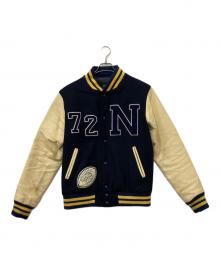 Champion（チャンピオン）の古着「袖レザースタジャン」｜ネイビー×ベージュ