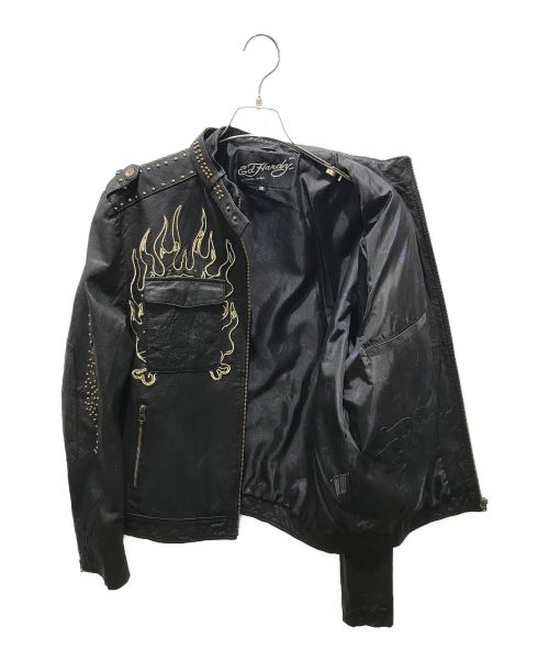 Ed Hardy（エド ハーディー）Ed Hardy (エド ハーディー) スタッズレザーライダースジャケット ブラック サイズ:2XLの古着・服飾アイテム