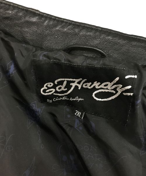 Ed Hardy（エド ハーディー）Ed Hardy (エド ハーディー) スタッズレザーライダースジャケット ブラック サイズ:2XLの古着・服飾アイテム