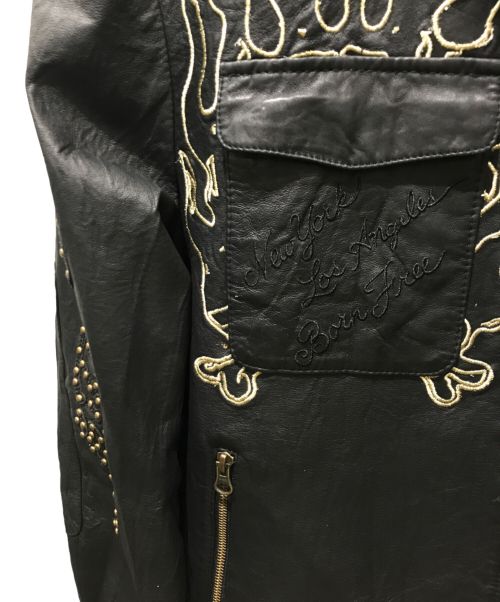 Ed Hardy（エド ハーディー）Ed Hardy (エド ハーディー) スタッズレザーライダースジャケット ブラック サイズ:2XLの古着・服飾アイテム