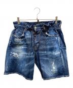 DSQUARED2ディースクエアード）の古着「ペンキクラッシュ加工ハーフパンツ　S71MU0519 S30342 SKATER JEAN」｜インディゴ