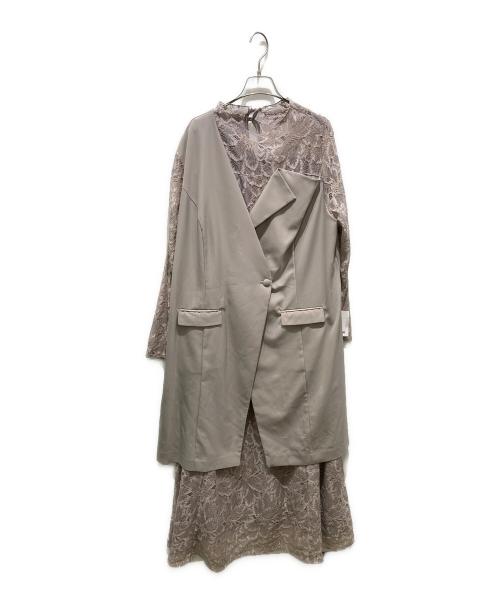 callarus（カラス）callarus (カラス) スタンドカラージャケットドッキングデザインレースワンピースドレス　6343319 グレージュ サイズ:4Lの古着・服飾アイテム