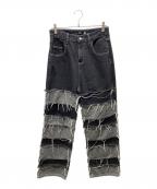 NOVESSELノベセル）の古着「ボーダーラインダメージ加工ワイドデニムパンツ」｜ブラック