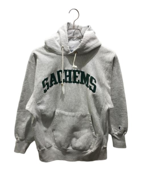 Champion REVERSE WEAVE（チャンピオン リバース ウィーブ）Champion REVERSE WEAVE (チャンピオン リバース ウィーブ) プリントパーカー　90's 刺繍タグ SACHEMS グレー サイズ:XLの古着・服飾アイテム