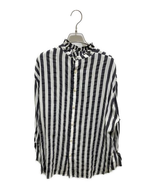 Spick and Span（スピック＆スパン）Spick and Span (スピックアンドスパン) フリルカラーストライプシャツ ブラック サイズ:記載無しの為実寸参照の古着・服飾アイテム