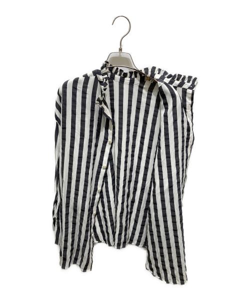 Spick and Span（スピック＆スパン）Spick and Span (スピックアンドスパン) フリルカラーストライプシャツ ブラック サイズ:記載無しの為実寸参照の古着・服飾アイテム