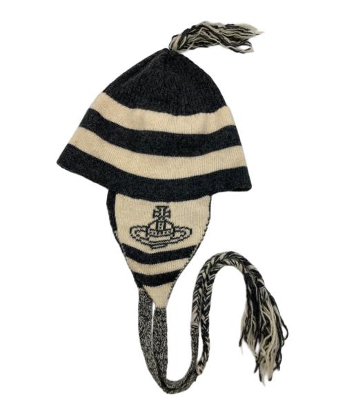Vivienne Westwood（ヴィヴィアンウエストウッド）Vivienne Westwood (ヴィヴィアンウエストウッド) 耳当て付きニット帽 アイボリー×グレーの古着・服飾アイテム
