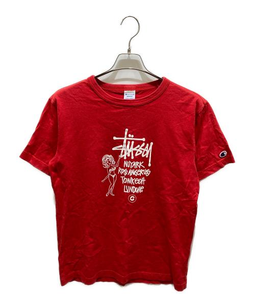 stussy（ステューシー）stussy (ステューシー) Champion (チャンピオン) 半袖Tシャツ レッド サイズ:Mの古着・服飾アイテム