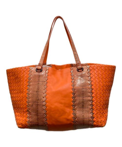 BOTTEGA VENETA（ボッテガベネタ）BOTTEGA VENETA (ボッテガベネタ) イントレチャートパイソン切替トートバッグ オレンジの古着・服飾アイテム