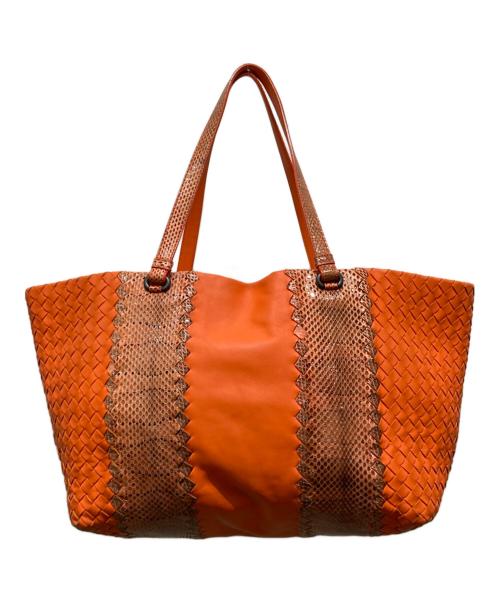 BOTTEGA VENETA（ボッテガベネタ）BOTTEGA VENETA (ボッテガベネタ) イントレチャートパイソン切替トートバッグ オレンジの古着・服飾アイテム