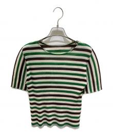 PLEATS PLEASE（プリーツプリーズ）の古着「プリーツボーダーカットソー」｜グリーン